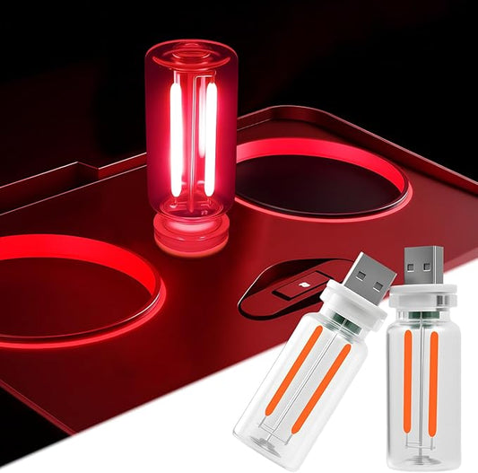 LYCARESUN 2 PCS Car USB Night Light Bulb, Touch Dimmable Car Interior Ambient Lights, Portable Mini USB Retro Glass Bottle Lamp Decorations for Vehicle, Bedroom, Hallway, Camping (Red)
