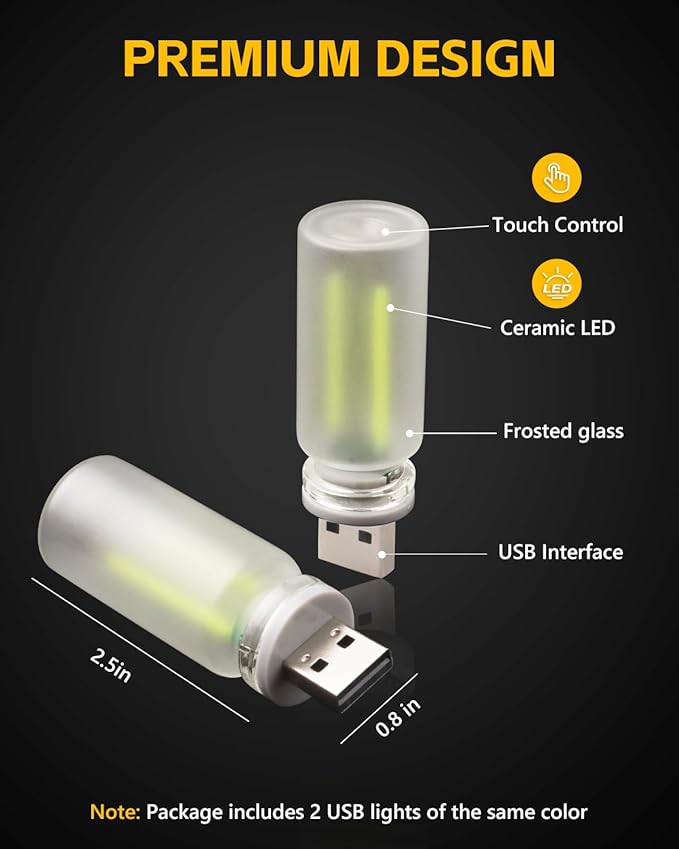 2PCS USB Car Lights, Touch Adjustment Lights, Plug in USB Vehicle Interior Ambient Light, Mini LED Retro Bulb Frosted Glass Night Light for Camping, Holiday Decoration, Party, Bedroom (Green)