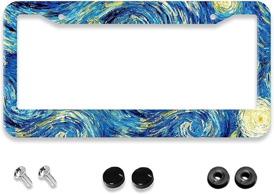 Starry Night License Plate Frame - 1 Pack Personalized Aluminum Car License Plate Cover Art Oil Painting License Plate Holder Universal US-Canada 2 Hole Auto Car Tag for Women/Men