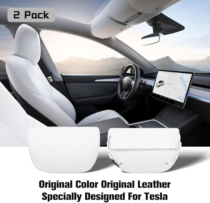HOPON 2 Pack Headrest Pillow for Tesla Model 3 Model Y with Adjustable Strap,Tesla Neck Pillow with Leather,for Head,Neck,Shoulders,Multipurpose,Tesla Accessories(White)