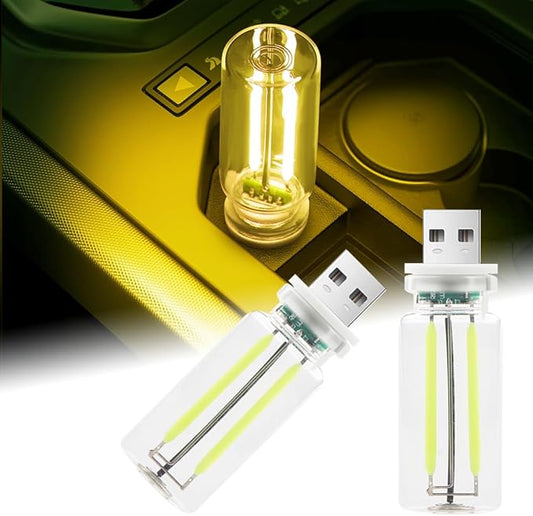 2Pcs Car USB Night Light, Touch Adjustment LED Ambient Lighting Plug in USB Automotive Night Lamps, Mini LED Bulb for Car, Camping, Holiday, Decoration, Bedroom, Party(Yellow)