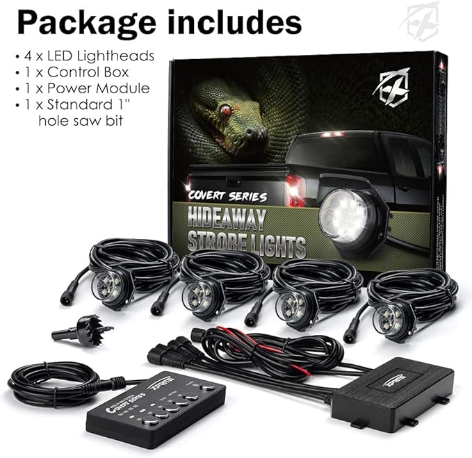 Xprite White Red LED Hideaway Strobe Lights Kit, 20 Flashing Patterns w/Control Panel Headlights Taillights Fog Light Interior Mounting, for Emergency Vehicles Firefighter Cars Trucks SUV 4PCS