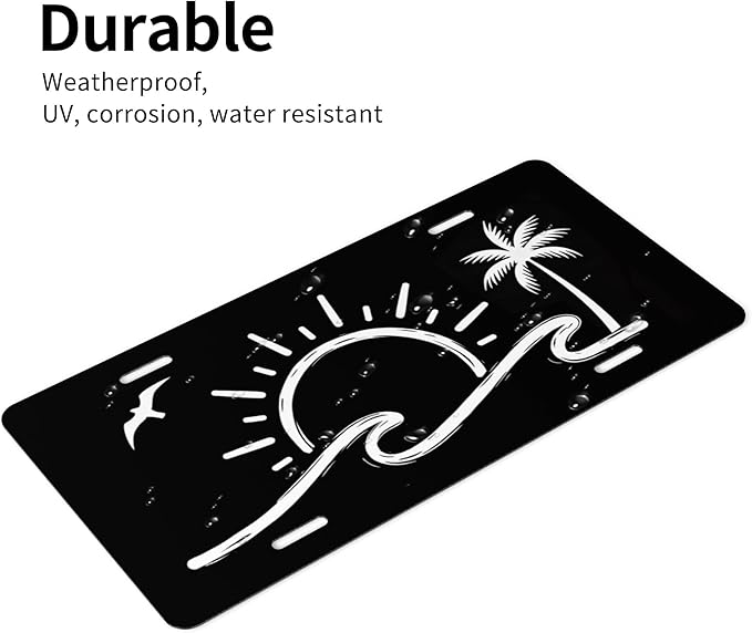 Front License Plate Sunset Palm Tree Seagull Vanity Plates Aluminum Metal Decorative Car Tag Novelty License Plate Cover for Men Women ‎6 * 12 in (4 Holes)