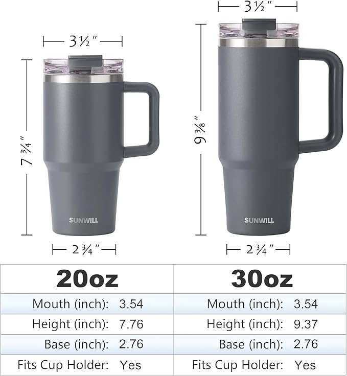 SUNWILL Travel Coffee Mug with Lid, 30 oz Tumbler with Handle and Straw Leak Proof, Stainless Steel Cup Insulated for Office & Camping, Cupholder Friendly, Powder Coated Charcoal