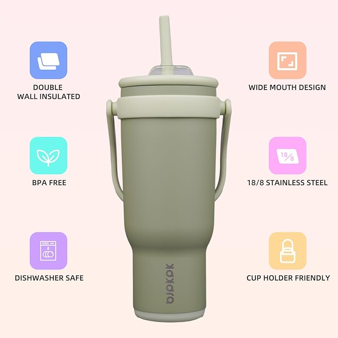 BJPKPK 40 OZ Insulated Travel Tumbler with Handle and Straw, Stainless Steel Water Bottle, Double Wall Vacuum Insulated Mug, for Work, Car, Travel, Forest Green