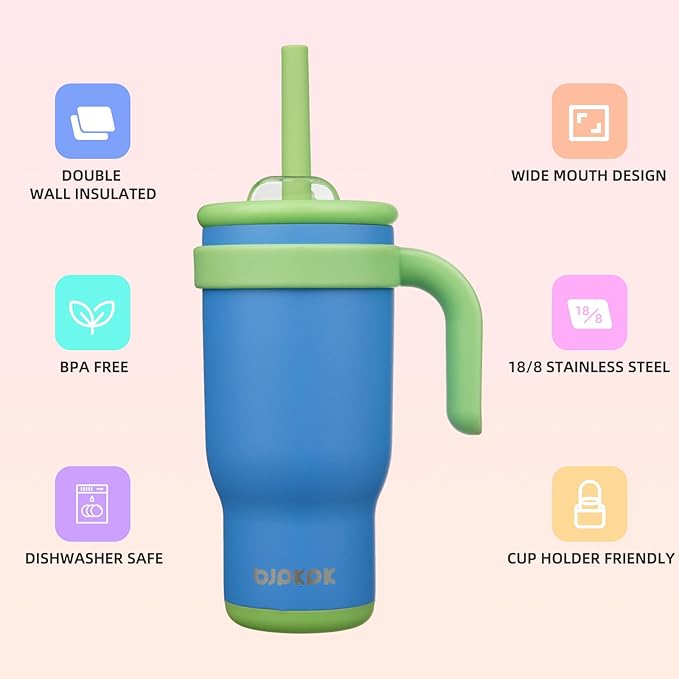 BJPKPK 18 OZ Insulated Travel Tumbler with Handle and Straw, Stainless Steel Water Bottle, Double Wall Vacuum Insulated Mug, for Work, Car, Travel, Sky Blue