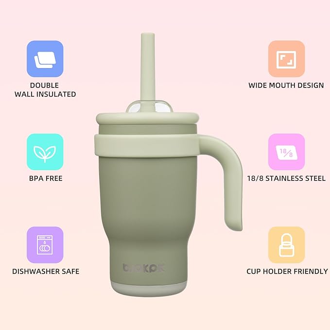 BJPKPK 14 OZ Insulated Travel Tumbler with Handle and Straw, Stainless Steel Water Bottle, Double Wall Vacuum Insulated Mug, for Work, Car, Travel, Forest Green
