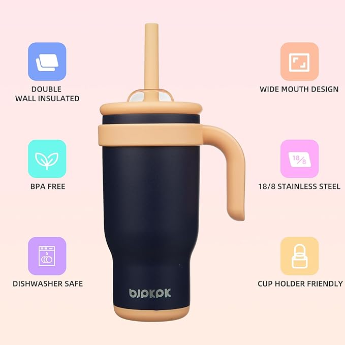 BJPKPK 18 OZ Insulated Travel Tumbler with Handle and Straw, Stainless Steel Water Bottle, Double Wall Vacuum Insulated Mug, for Work, Car, Travel, Navy Blue