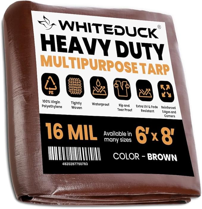 WHITEDUCK Super Heavy Duty Poly Tarp Cover 16 Mil & 10 Mil with Grommets and Reinforced Edges (Brown, White & Silver Black) (Brown- 16 Mil, 6' x 8')