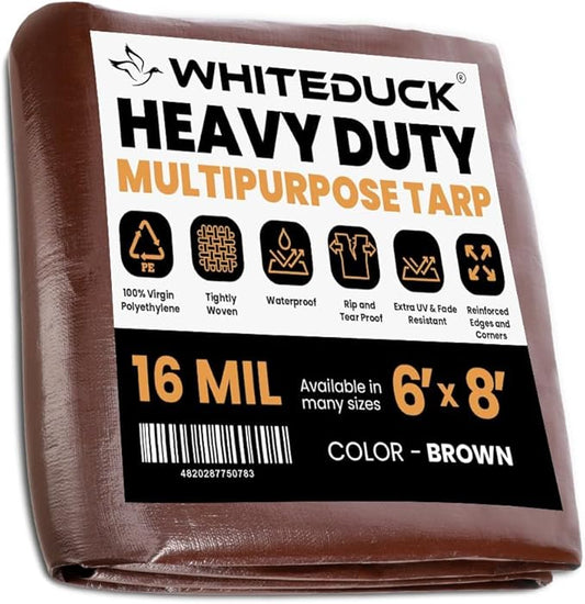 WHITEDUCK Super Heavy Duty Poly Tarp Cover 16 Mil & 10 Mil with Grommets and Reinforced Edges (Brown, White & Silver Black) (Brown- 16 Mil, 6' x 8')