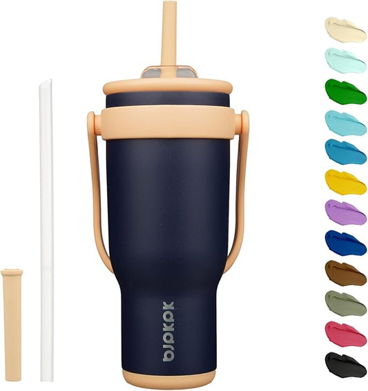 BJPKPK 40 OZ Insulated Travel Tumbler with Handle and Straw, Stainless Steel Water Bottle, Double Wall Vacuum Insulated Mug, for Work, Car, Travel, Navy Blue