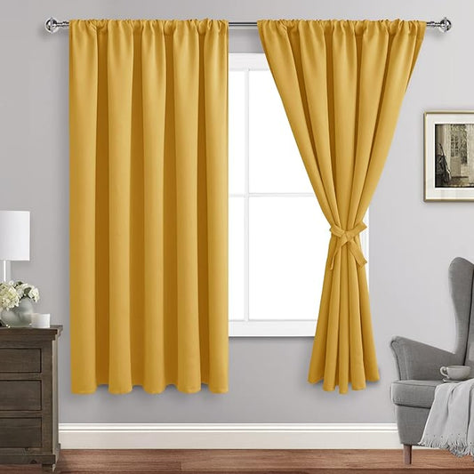 JIUZHEN Blackout Curtains for Bedroom - Thermal Insulated Room Darkening Noise Reducing, 60 x 63 Inch Length Curtains for Living Room, Set of 2 Panels with Tiebacks, Mustard Yellow