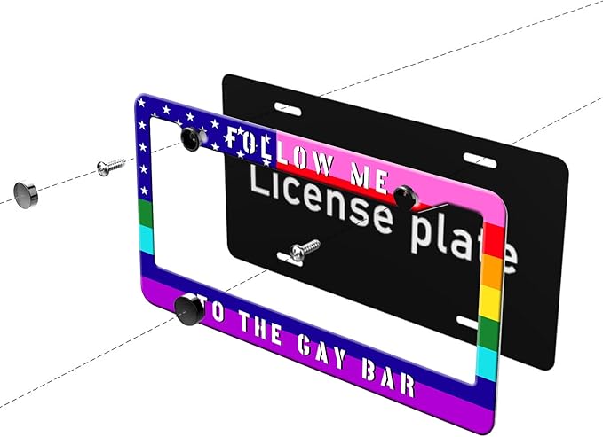 MIOAOSRT Follow Me to The Gay Bar License Plate Frame Gay Pride Flag LGBT License Plate Cover Car Tag Holder Metal License Plate Frame Fits Standard U.S.Vehicles 12x6 Inch