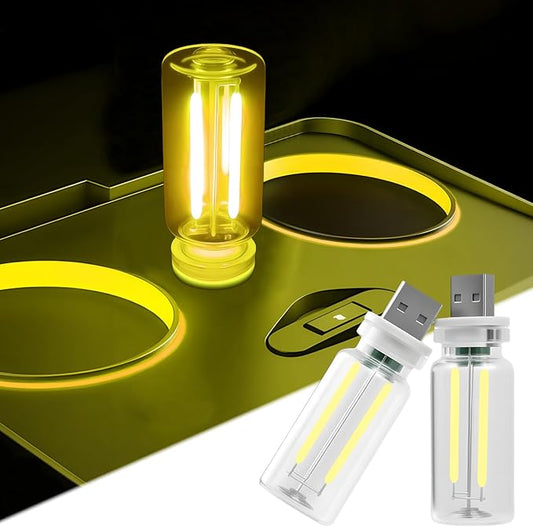 2 PCS Car USB Night Light Bulb, Touch Dimmable Car Interior Ambient Lights, Portable Mini USB Retro Glass Bottle Lamp Decorations for Vehicle, Bedroom, Hallway, Camping (Yellow)
