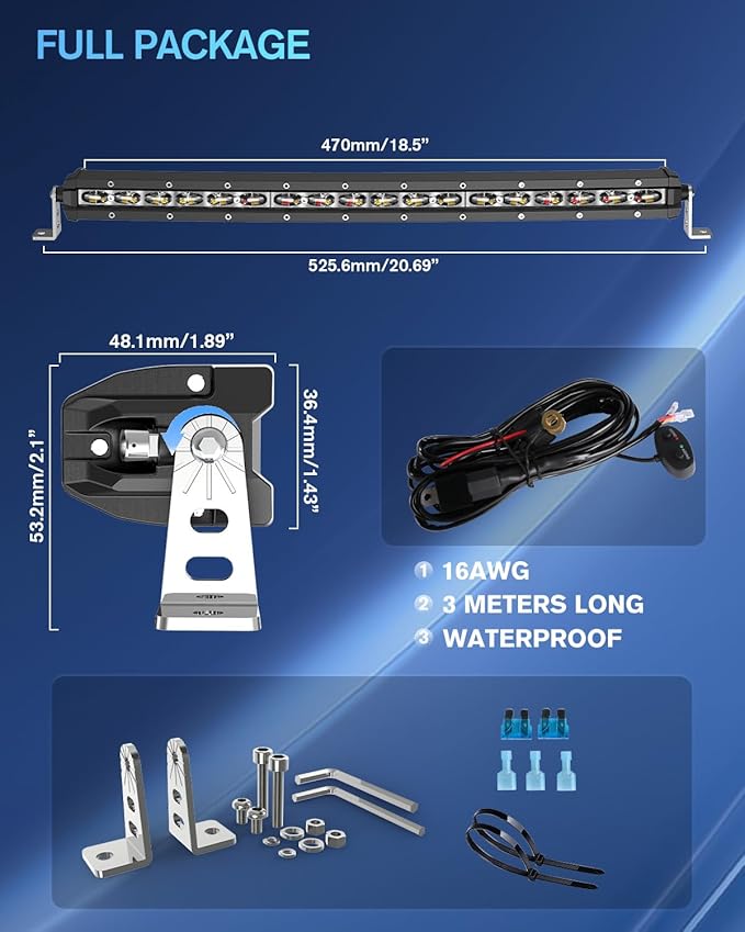 [Curved] [Red & Blue Strobe] 20 inch LED Light Bar Single Row White Flashing Light Police with Wiring Harness for Off-Road SUV UTV Car Truck