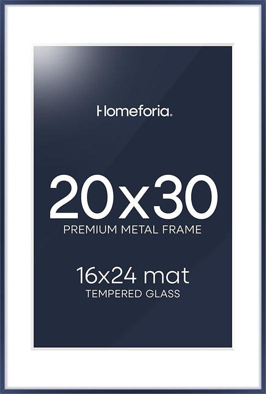 Homeforia 20x30 Frame Navy Blue, High End Metal 20x30 Picture Frames with Mat 16x24 inch Photo, 20 x 30 Navy Blue Poster Frame Matted to 16 by 24, 30x20 Large Frame, Tempered Glass, Wall Kit, Set of 1