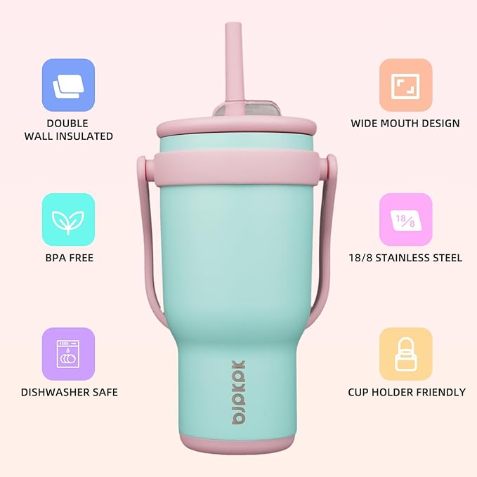 BJPKPK 30 OZ Insulated Travel Tumbler with Handle and Straw, Stainless Steel Water Bottle, Double Wall Vacuum Insulated Mug, for Work, Car, Travel, Guava