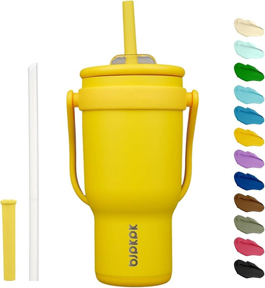 BJPKPK 30 OZ Insulated Travel Tumbler with Handle and Straw, Stainless Steel Water Bottle, Double Wall Vacuum Insulated Mug, for Work, Car, Travel, Yellow