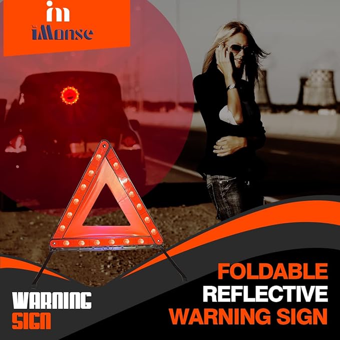 Warning Safety Triangle Kit, Emergency Roadside Warning Reflective Triangle 3 Packs with 2 LED Road Flare Light, Foldable with Storage Case for Roadside Breakdowns Emergenc