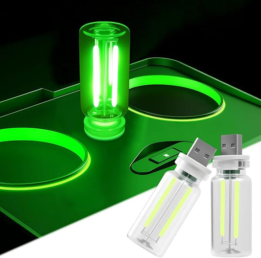2 PCS Car USB Night Light Bulb, Touch Dimmable Car Interior Ambient Lights, Portable Mini USB Retro Glass Bottle Lamp Decorations for Vehicle, Bedroom, Hallway, Camping (Green)