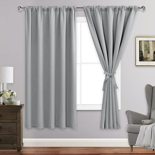 JIUZHEN Blackout Curtains for Bedroom - 60 Inch Extra Wide Thermal Insulated Room Darkening Privacy Soundproof Curtains for Living Room, Set of 2 Panels with Tiebacks, 60 x 63 inches, Silver Grey