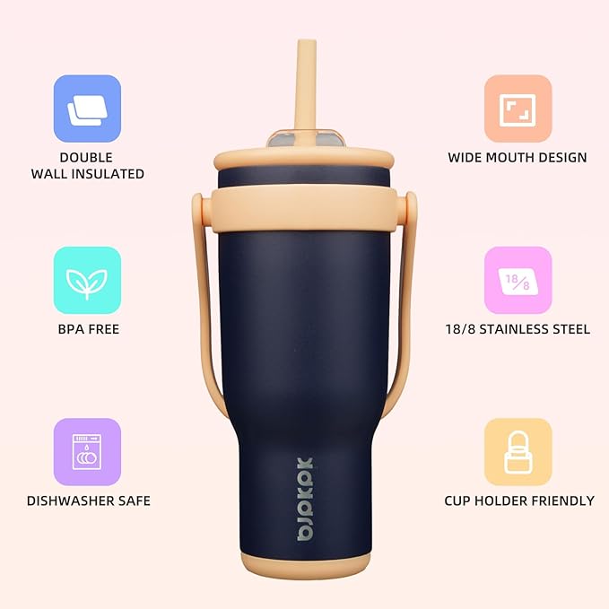 BJPKPK 40 OZ Insulated Travel Tumbler with Handle and Straw, Stainless Steel Water Bottle, Double Wall Vacuum Insulated Mug, for Work, Car, Travel, Navy Blue