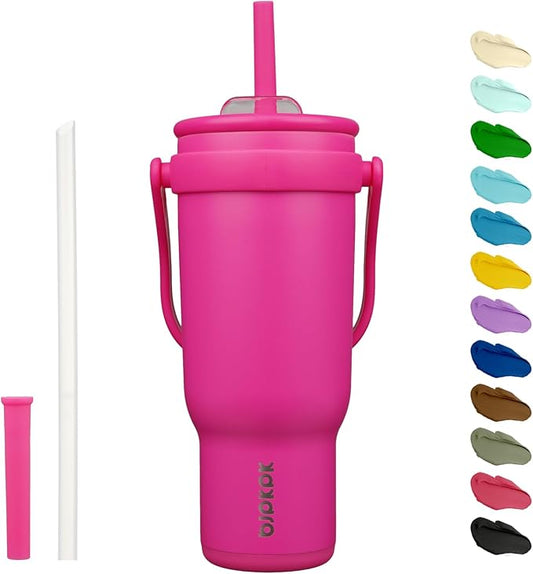 BJPKPK 40 OZ Insulated Travel Tumbler with Handle and Straw, Stainless Steel Water Bottle, Double Wall Vacuum Insulated Mug, for Work, Car, Travel, Rose Red