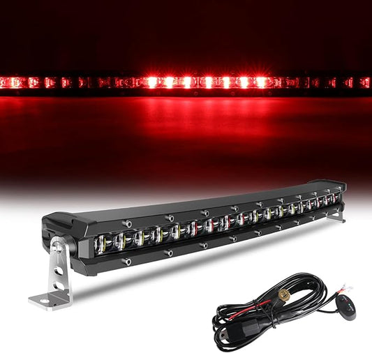 [Curved] [Red & Blue Strobe] 20 inch LED Light Bar Single Row White Flashing Light Police with Wiring Harness for Off-Road SUV UTV Car Truck