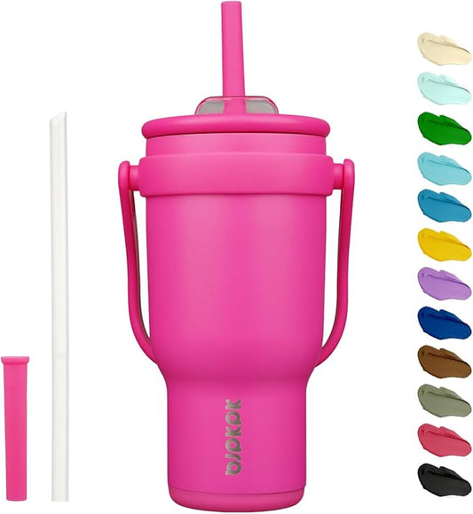 BJPKPK 30 OZ Insulated Travel Tumbler with Handle and Straw, Stainless Steel Water Bottle, Double Wall Vacuum Insulated Mug, for Work, Car, Travel, Rose Red