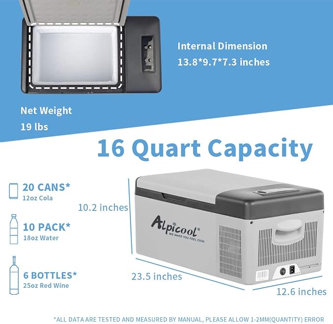 Alpicool C15 Portable Car Freezer,12 Volt Refrigerator, 16 Quart (15 Liter) Fast Cooling 12V Car Fridge -4℉~68℉, Car Cooler, 12/24V DC and 100-240V AC for Outdoor, Camping, RV, Truck, Boat