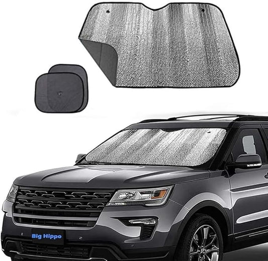 Big Hippo Windshield Sun Shade, Car Window Shade as Bonus Keep Vehicle Cool Windshield Sunshade Protect Your Car from Sun Heat & Glare Best UV Ray Visor Protector -Silver/Black (Size: 55.16X 27.5inch)