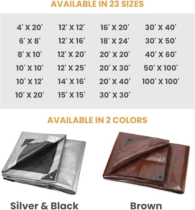 WHITEDUCK Super Heavy Duty Poly Tarp Cover 16 Mil & 10 Mil with Grommets and Reinforced Edges (Brown, White & Silver Black) (Silver Black- 16 Mil, 20' x 30')