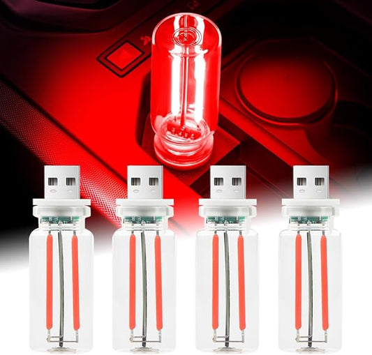4Pcs Car USB Night Light, Touch Adjustment LED Ambient Lighting Plug in USB Automotive Night Lamps, Mini LED Bulb for Car, Camping, Holiday, Decoration, Bedroom, Party(Red)