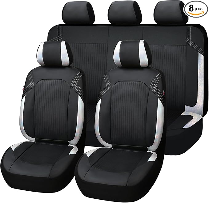 Flying Banner Synthetic Leather car seat Covers Full Set Front and Rear Bench Fashion Easy Installation Cup Holder Free (Black & Gray, Low Bucket - Full Set)