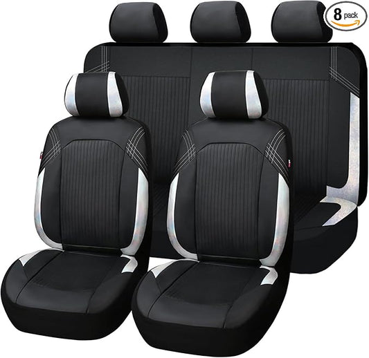 Flying Banner Synthetic Leather car seat Covers Full Set Front and Rear Bench Fashion Easy Installation Cup Holder Free (Black & Gray, Low Bucket - Full Set)