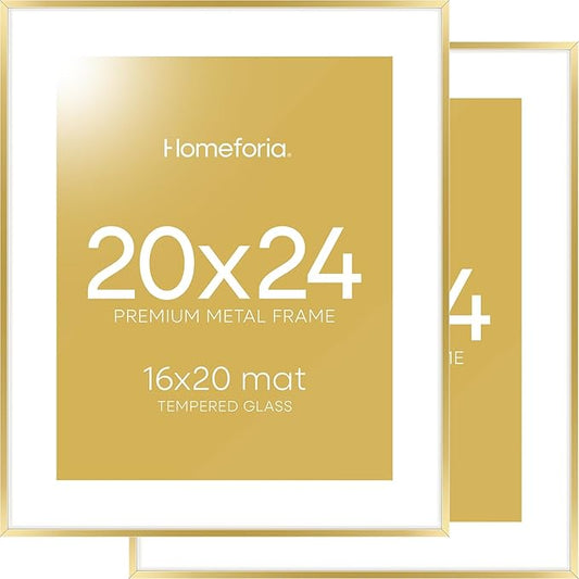 Homeforia 20x24 Picture Frame Gold, High End Metal 24x20 Frames for Wall, 20x24 Gold Frame Matted to 16x20 Print, 20 x 24 Poster Large Frame with Mat 16 by 20 Photo, Tempered Glass, Wall Kit, Set of 2