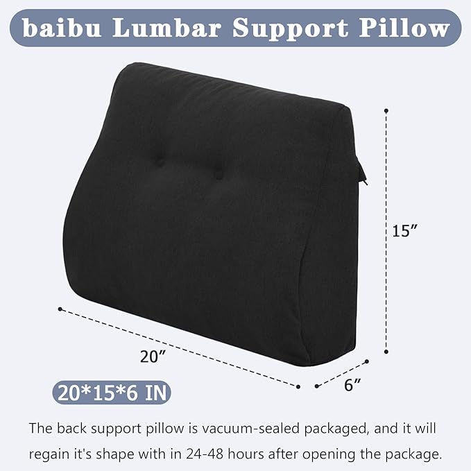 baibu Lumbar Support Pillow for Recliner, Large Memory Foam Dual-Layer Patent Design Back Support Cushion for Sofa & Gaming Chair, Ergonomic Lumbar Pillow with Machine Washable Cover, Black