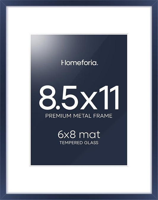 Homeforia 8.5x11 Navy Blue Frame, High End Metal 8.5 x 11 Picture Frames with Mat 6 by 8 inch Photo, 11x8.5 Poster Frame Matted to 6x8 Print, Wall or Tabletop Frame, Tempered Glass, Wall Kit, Set of 1