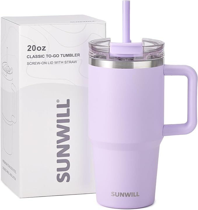 SUNWILL Travel Coffee Mug with Lid, 20 oz Tumbler with Handle and Straw Leak Proof, Stainless Steel Cup Insulated for Office & Gym, Cupholder Friendly, Powder Coated Orchid