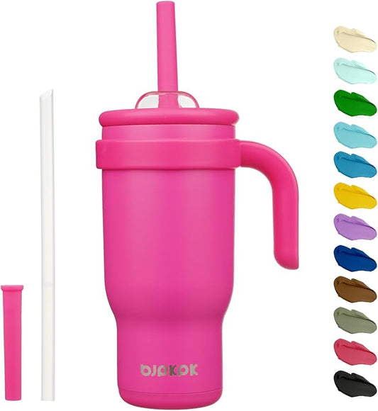 BJPKPK 18 OZ Insulated Travel Tumbler with Handle and Straw, Stainless Steel Water Bottle, Double Wall Vacuum Insulated Mug, for Work, Car, Travel, Rose Red