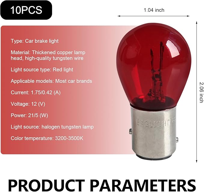 10PCS 1157 Light Bulb, Double Tail High and Low Brake Light Bulb, P21/5W S25 2057 2357 7528 BAY15D Bulbs, Universal Halogen Turn Signal Parking Lights (Red)