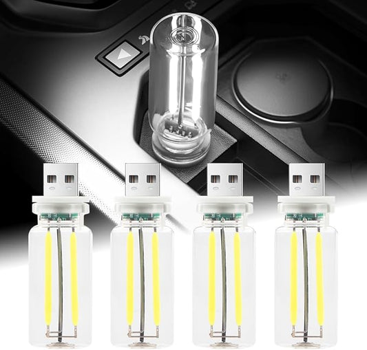 4Pcs Car USB Night Light, Touch Adjustment LED Ambient Lighting Plug in USB Automotive Night Lamps, Mini LED Bulb for Car, Camping, Holiday, Decoration, Bedroom, Party(White)