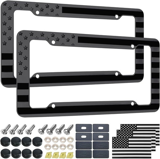 Black American Flag License Plate Frame- Front Rear Patriotic USA ‌Car Tag Frames, 2 Pack 4 Hole Subdued 3D Embossed Stars and Stripes Plastic Holder with Mounting Hardware Kit