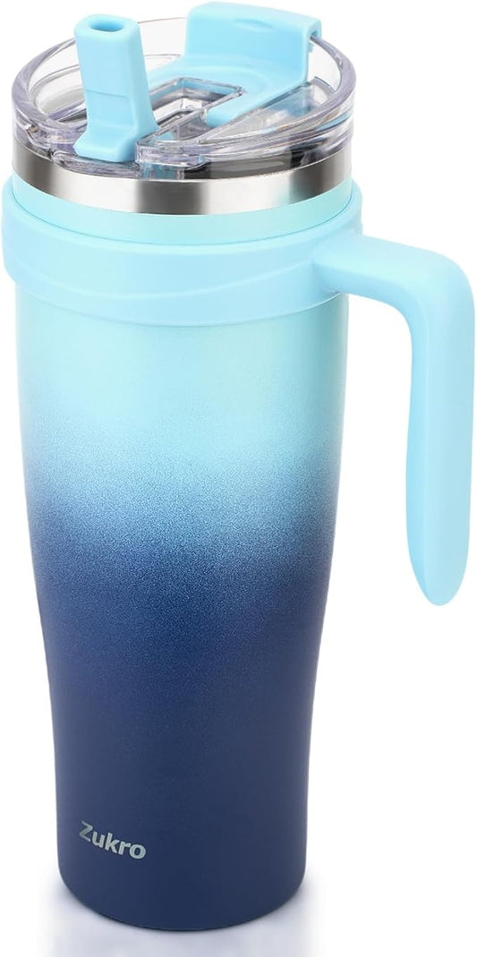 Zukro 50 oz Tumbler With Handle and Flip Straw, Triple-wall Insulated Stainless Steel Cup with 2-in-1 Sip/Straw Lid, Large Leak Proof Travel Mug, Fit in Cup Holder, Keeps Cold 34 Hours, Bluewave