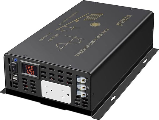 3000Watt Pure Sine Wave Power Inverter 12VDC to 120VAC 6000W Peak Built-in Soft Starter Dual AC Outlets 2× 2.4A USB Port &Hardwire Terminal Off-Grid Solar Converter RV Trucks (U5-300012)