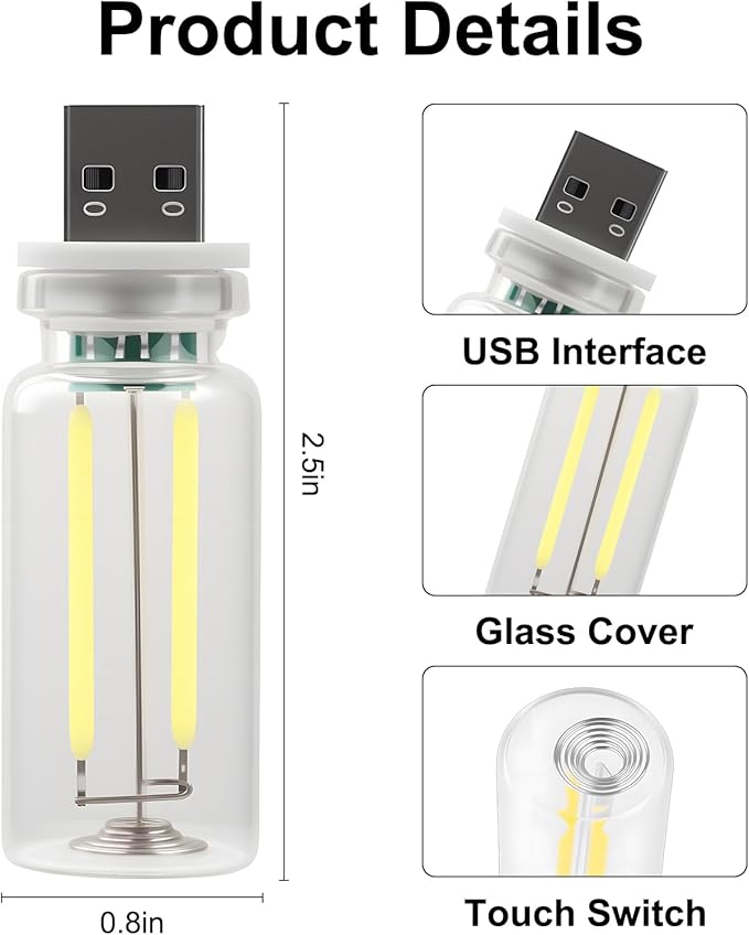 2 PCS Car USB Night Light Bulb, Touch Dimmable Car Interior Ambient Lights, Portable Mini USB Retro Glass Bottle Lamp Decorations for Vehicle, Bedroom, Hallway, Camping (Pink)
