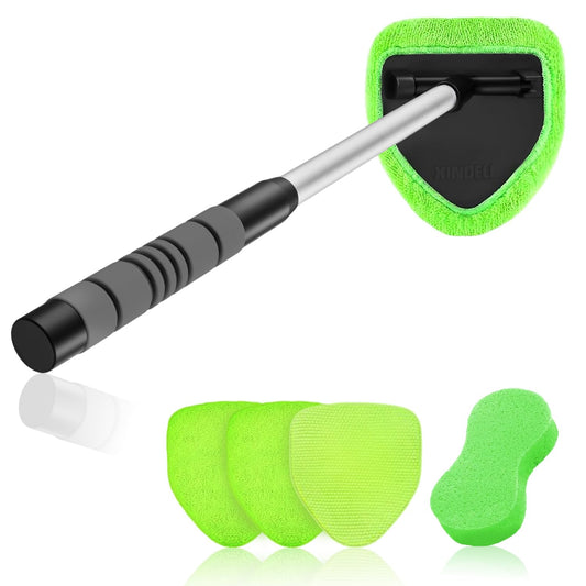 XINDELL Windshield Cleaner Tool – Car Interior Window Cleaning Kit with Extendable Handle & 4 Microfiber Pads, Auto Washing Brush for Car, Trucks, SUVs, RVs & Home Windows