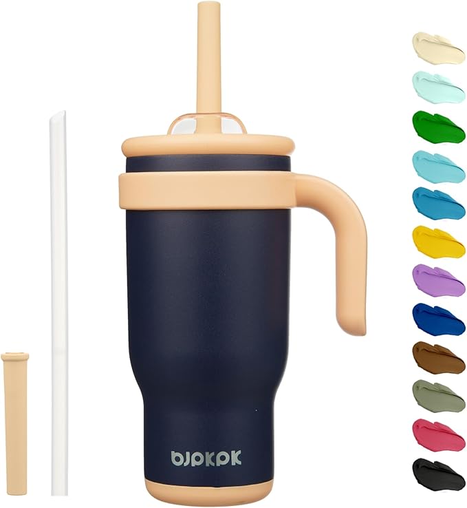 BJPKPK 18 OZ Insulated Travel Tumbler with Handle and Straw, Stainless Steel Water Bottle, Double Wall Vacuum Insulated Mug, for Work, Car, Travel, Navy Blue