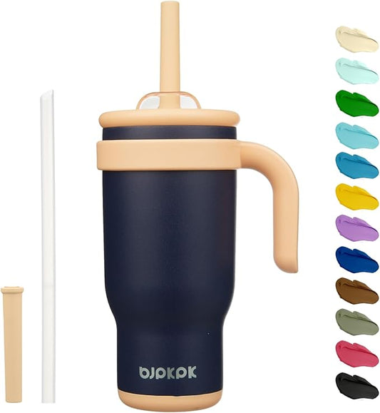 BJPKPK 18 OZ Insulated Travel Tumbler with Handle and Straw, Stainless Steel Water Bottle, Double Wall Vacuum Insulated Mug, for Work, Car, Travel, Navy Blue