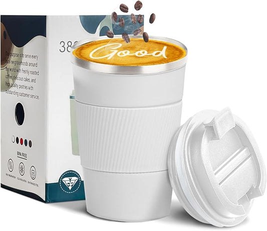 YINBAOGE Insulated Travel Coffee Mug, Spill & Leak Proof, Portable To Go Camping Stainless Steel Coffee Tumbler, Reusable Thermal Coffee Cup with Lid for Hot & Cold Drinks (White, 12 OZ)